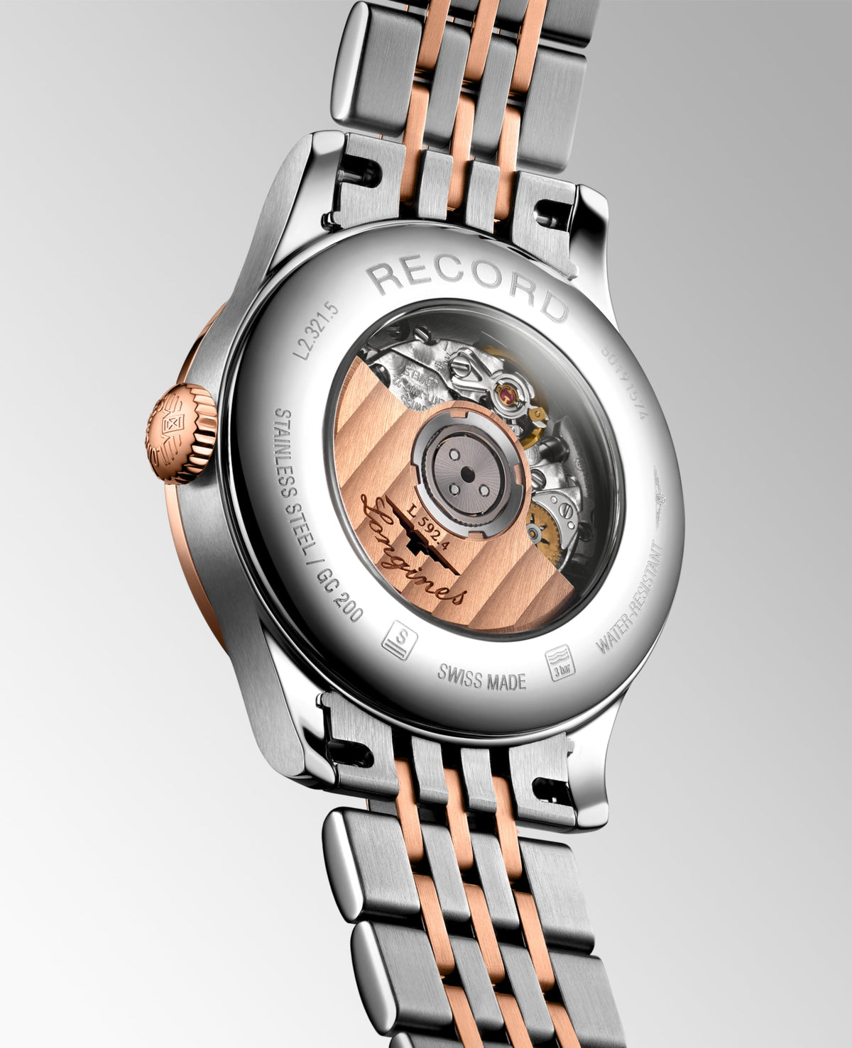 Record 30.00 mm White mother-of-pearl Stainless steel and rose gold 18 carats cap 200 L23215877 L2.321.5.87.7 front and side view
