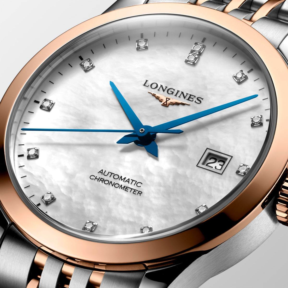 Record 30.00 mm White mother-of-pearl Stainless steel and rose gold 18 carats cap 200 L23215877 L2.321.5.87.7 detailed view