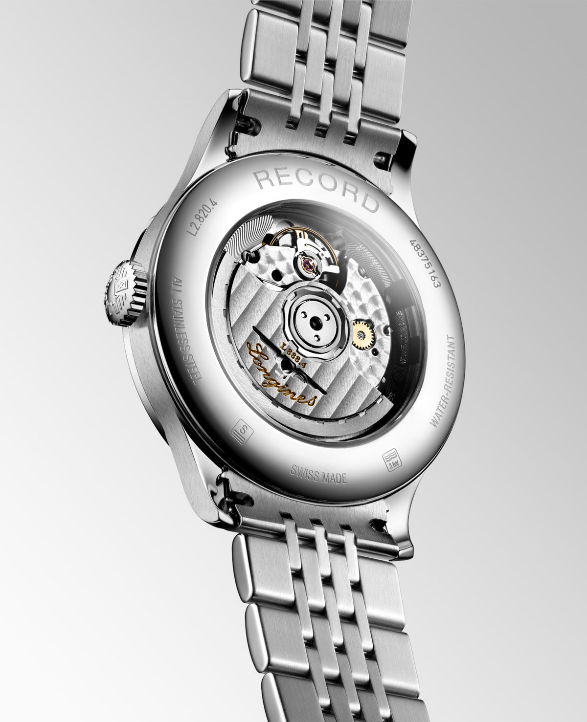 Record 38.50 mm White matt Stainless steel L28204116 L2.820.4.11.6 front and side view