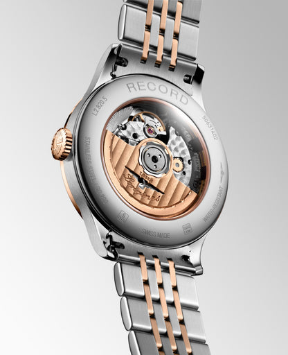 Record 38.50 mm White matt Stainless steel and rose gold 18 carats cap 200 L28205117 L2.820.5.11.7 front and side view
