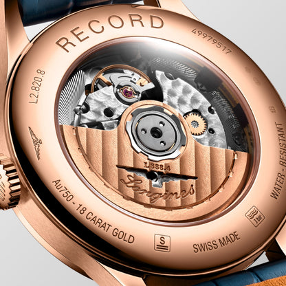 Record 38.50 mm Sunray blue Rose gold 18 carats L28208922 L2.820.8.92.2 front and side view