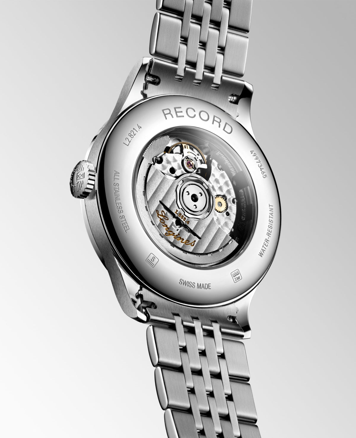 Record 40.00 mm Black lacquered polished Stainless steel L28214576 L2.821.4.57.6 front and side view