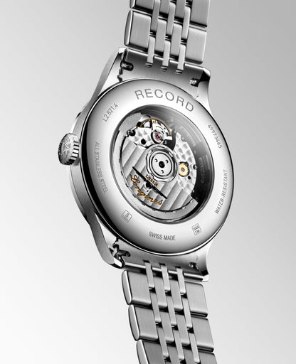 Record 40.00 mm Black lacquered polished Stainless steel L28214576 L2.821.4.57.6 front and side view