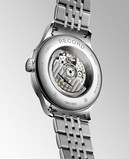 Record 40.00 mm Sunray silver Stainless steel L28214726 L2.821.4.72.6 front and side view