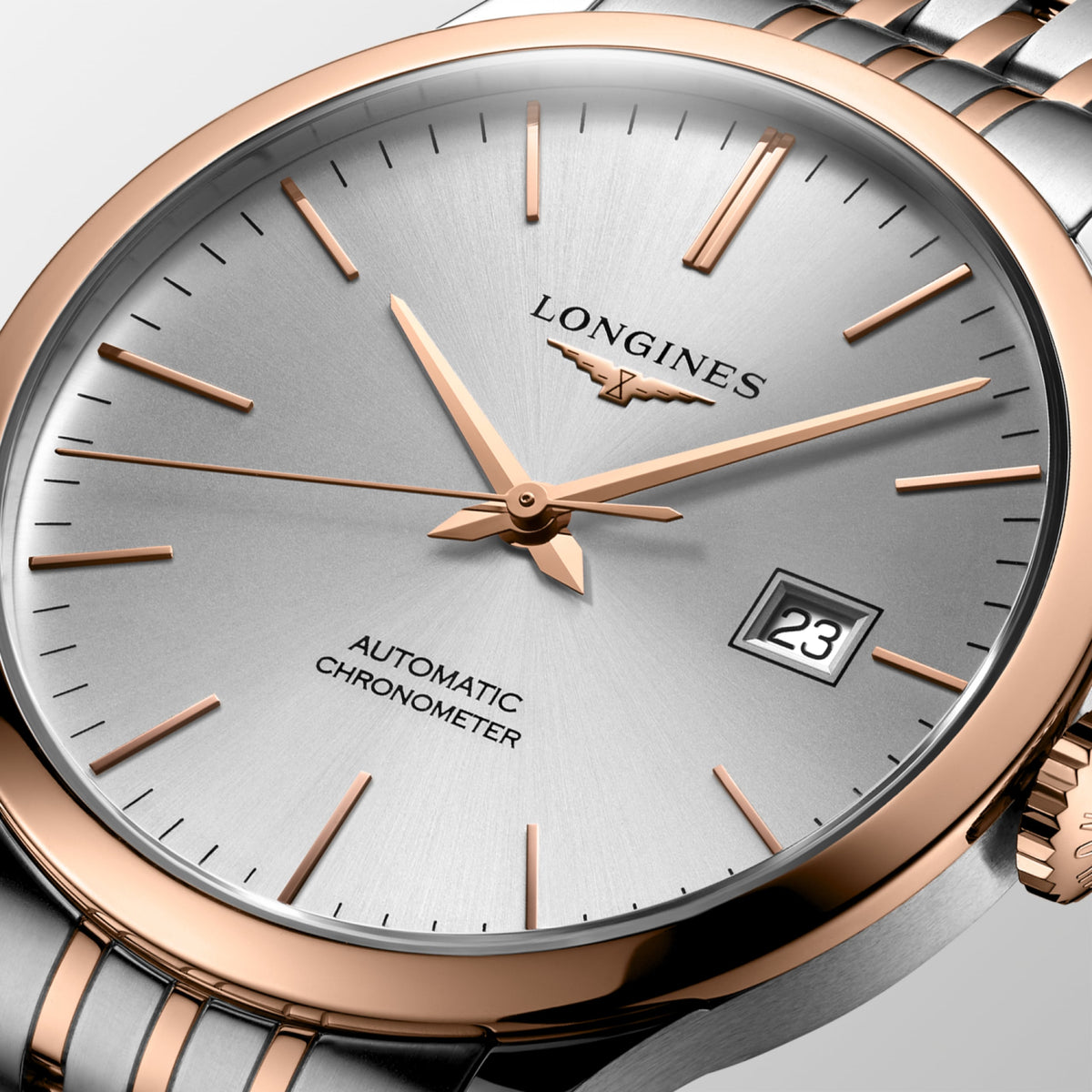 Record 40.00 mm Sunray silver Stainless steel and rose gold 18 carats cap 200 L28215727 L2.821.5.72.7 detailed view