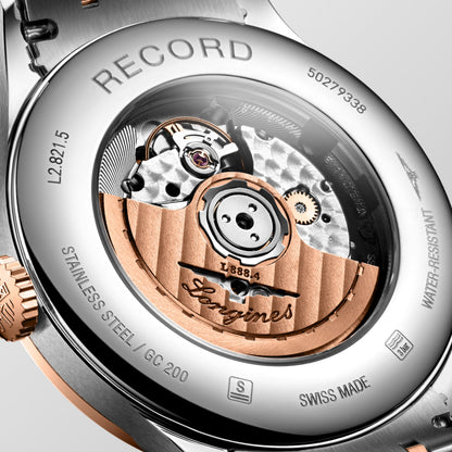 Record 40.00 mm Sunray silver Stainless steel and rose gold 18 carats cap 200 L28215727 L2.821.5.72.7 back view