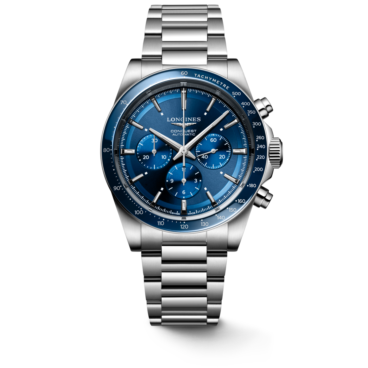 Conquest Chronograph 42.00 mm Sunray blue Stainless steel and ceramic bezel L38354926 L3.835.4.92.6 front view