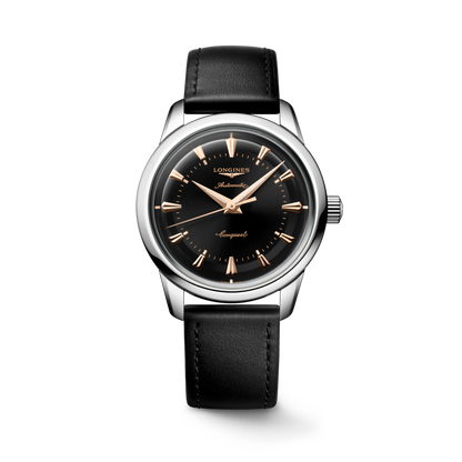 Conquest Heritage 38.00 mm Black lacquered polished Stainless steel L16494522 L1.649.4.52.2 front view