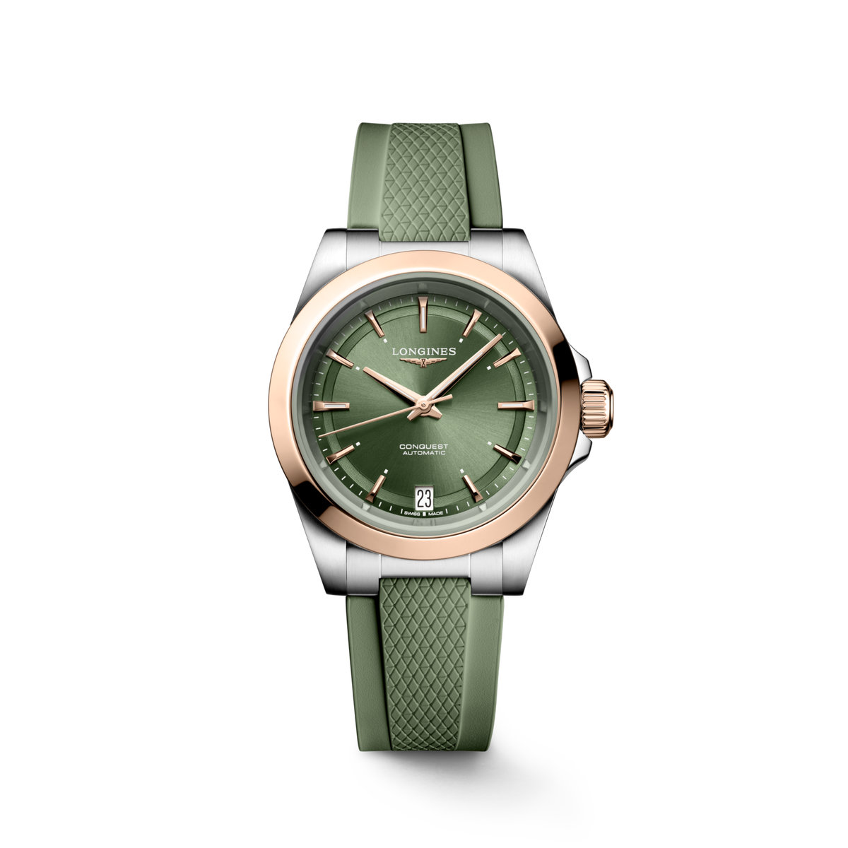 Conquest 34.00 mm Sunray green Stainless steel and rose gold 18 carats cap 200 L34305029 L3.430.5.02.9 front view