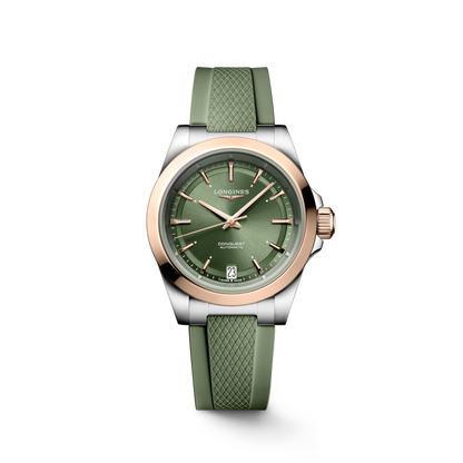 Conquest 34.00 mm Sunray green Stainless steel and rose gold 18 carats cap 200 L34305029 L3.430.5.02.9 front view