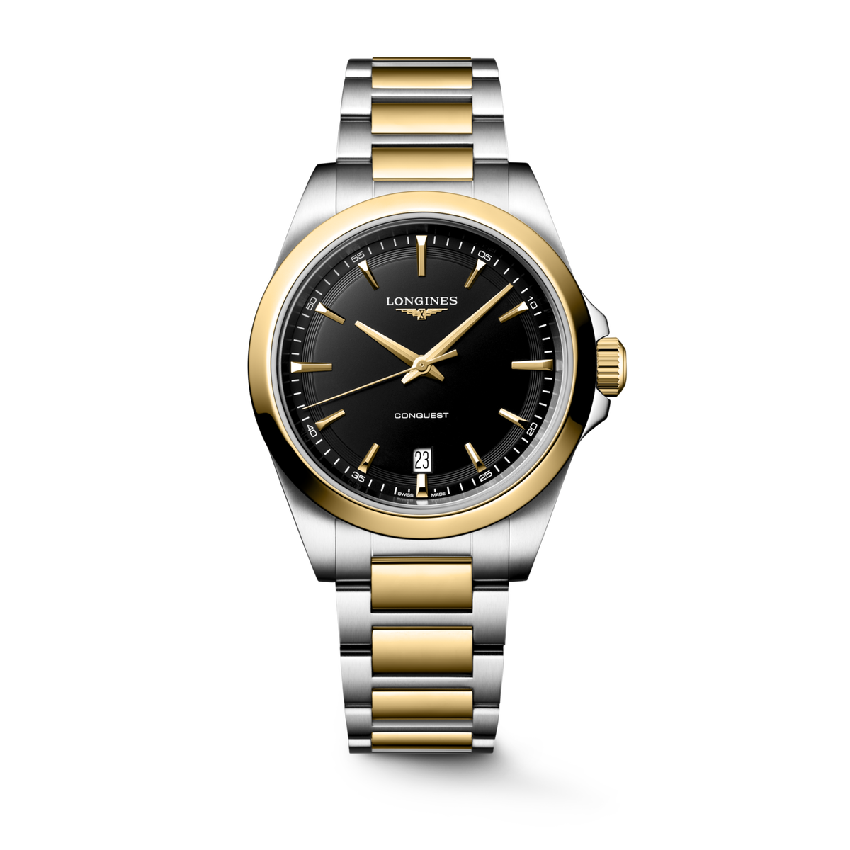 Conquest 38.00 mm Black sandblasted Stainless steel and yellow PVD coating L37503527 L3.750.3.52.7 front view