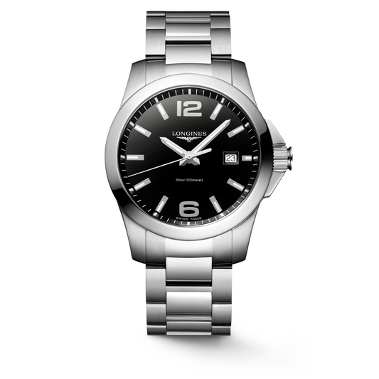 Conquest 41.00 mm Black lacquered polished Stainless steel L37594586 L3.759.4.58.6 front view
