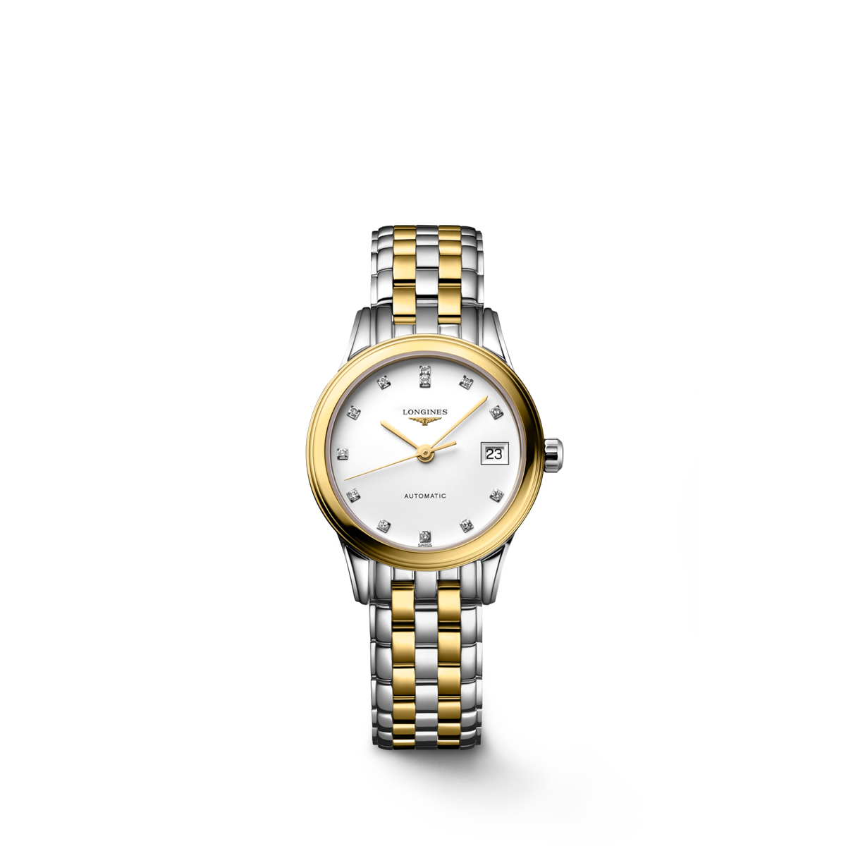 Flagship Classic 26.00 mm White matt Stainless steel and yellow PVD coating L42743277 L4.274.3.27.7 front view