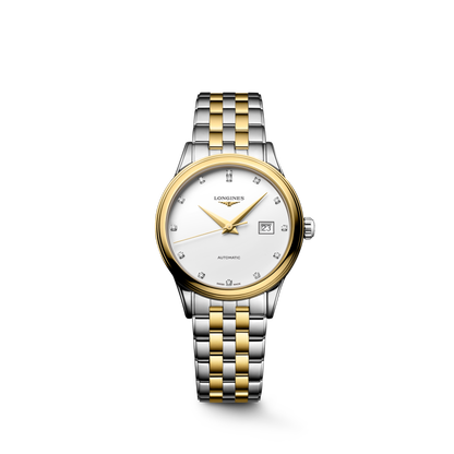 Flagship Classic 30.00 mm White matt Stainless steel and yellow PVD coating L43743177 L4.374.3.17.7 front view