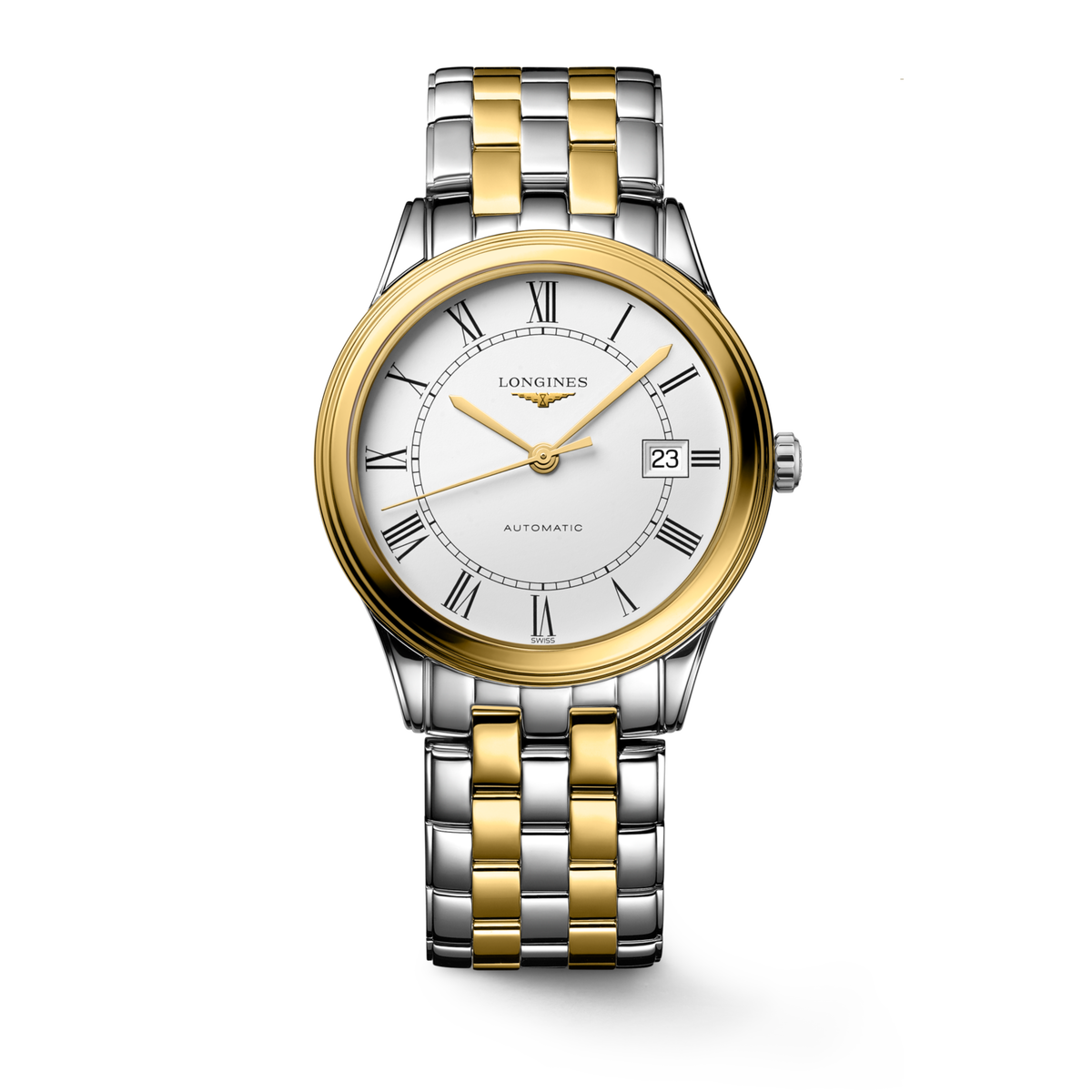 Flagship Classic 38.50 mm White matt Stainless steel and yellow PVD coating L49743217 L4.974.3.21.7 front view