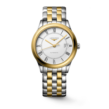 Flagship Classic 38.50 mm White matt Stainless steel and yellow PVD coating L49743217 L4.974.3.21.7 front view