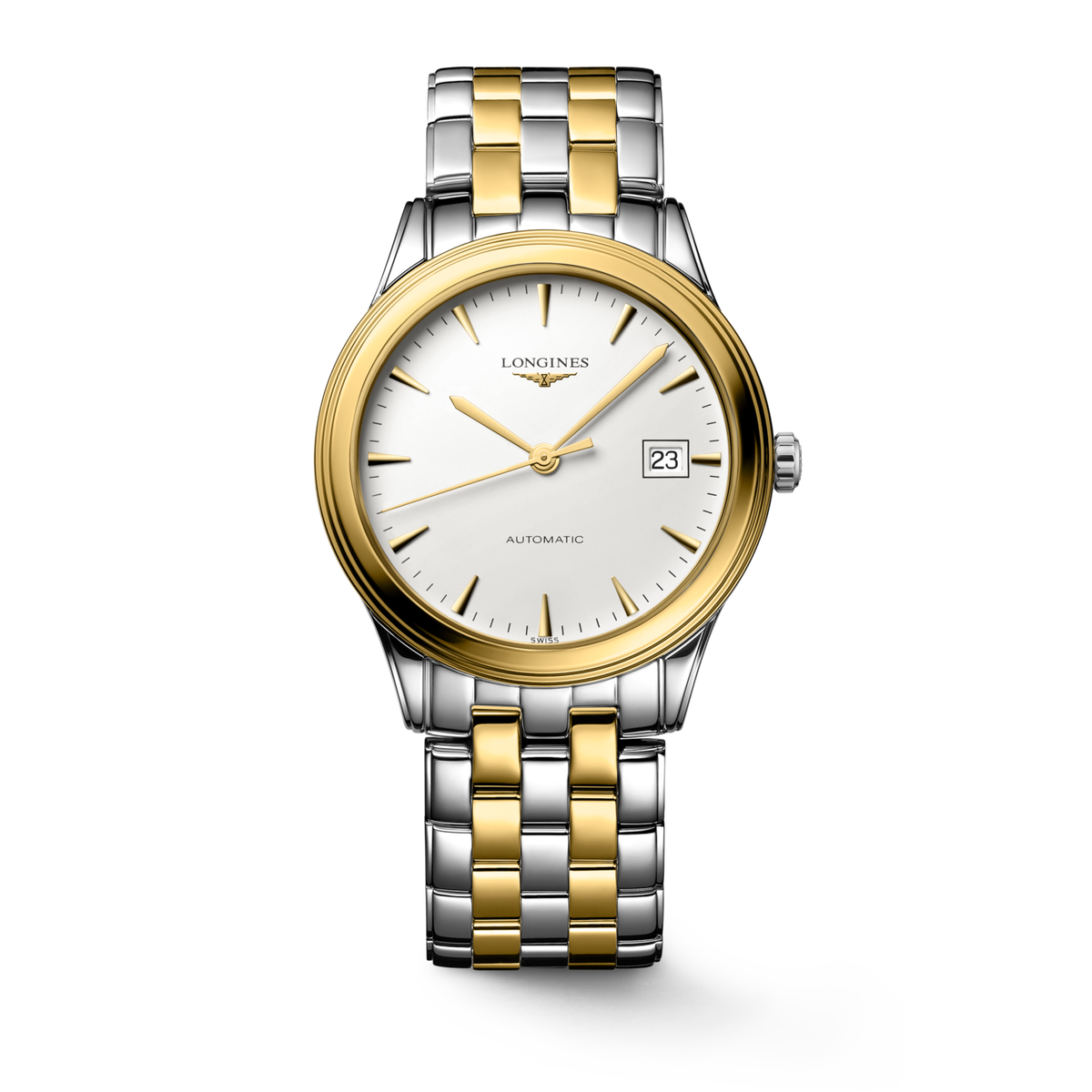 Flagship Classic 38.50 mm White matt Stainless steel and yellow PVD coating L49743227 L4.974.3.22.7 front view