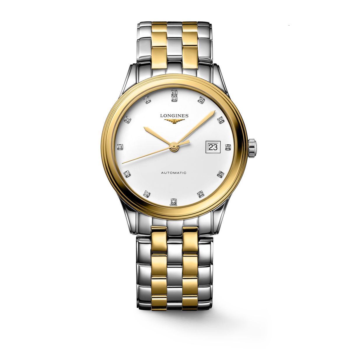 Flagship Classic 38.50 mm White matt Stainless steel and yellow PVD coating L49743277 L4.974.3.27.7 front view