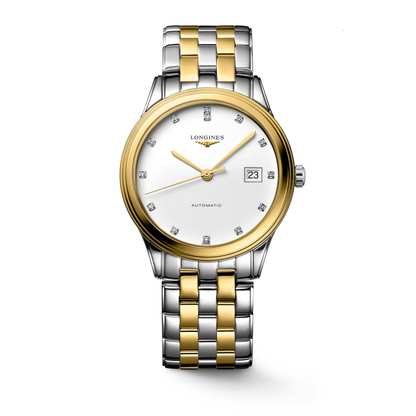 Flagship Classic 38.50 mm White matt Stainless steel and yellow PVD coating L49743277 L4.974.3.27.7 front view