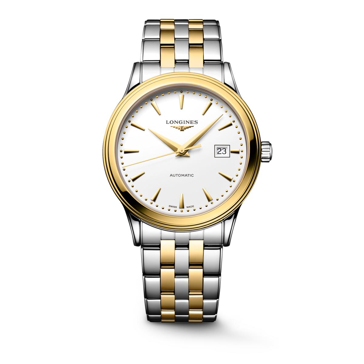 Flagship Classic 40.00 mm White matt Stainless steel and yellow PVD coating L49843207 L4.984.3.20.7 front view