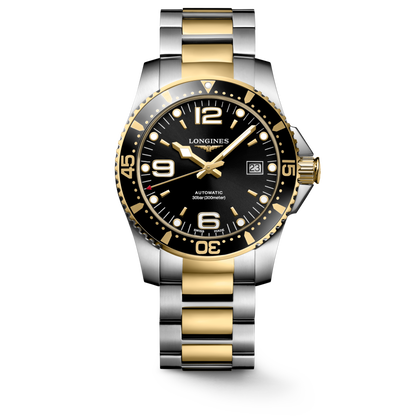 Hydroconquest 41.00 mm Sunray black Stainless steel and yellow PVD coating L37423567 L3.742.3.56.7 front view