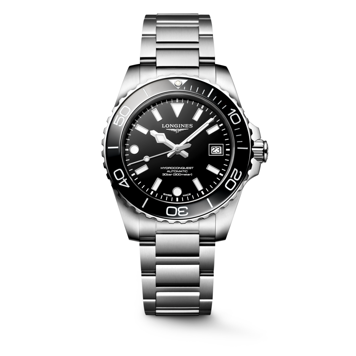 Hydroconquest 39.00 mm Black lacquered polished Stainless steel and ceramic bezel L37794566 L3.779.4.56.6 front view