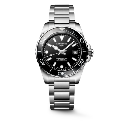 Hydroconquest 39.00 mm Black lacquered polished Stainless steel and ceramic bezel L37794566 L3.779.4.56.6 front view