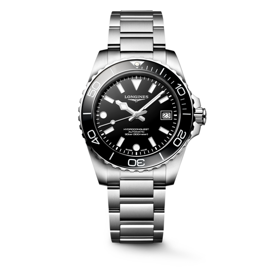 Hydroconquest 39.00 mm Black lacquered polished Stainless steel and ceramic bezel L37794566 L3.779.4.56.6 front view