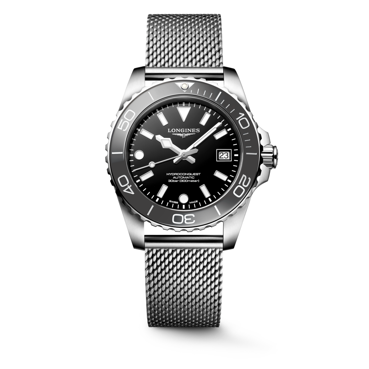 Hydroconquest 39.00 mm Black lacquered polished Stainless steel and ceramic bezel L37794706 L3.779.4.70.6 front view