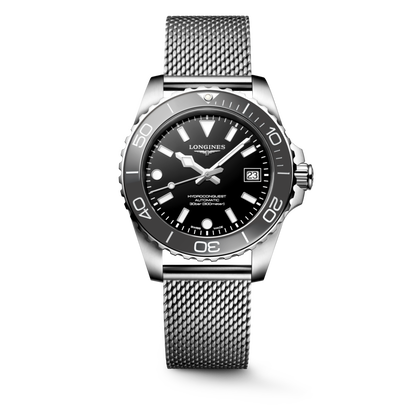 Hydroconquest 39.00 mm Black lacquered polished Stainless steel and ceramic bezel L37794706 L3.779.4.70.6 front view