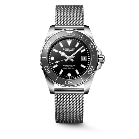 Hydroconquest 39.00 mm Black lacquered polished Stainless steel and ceramic bezel L37794706 L3.779.4.70.6 front view