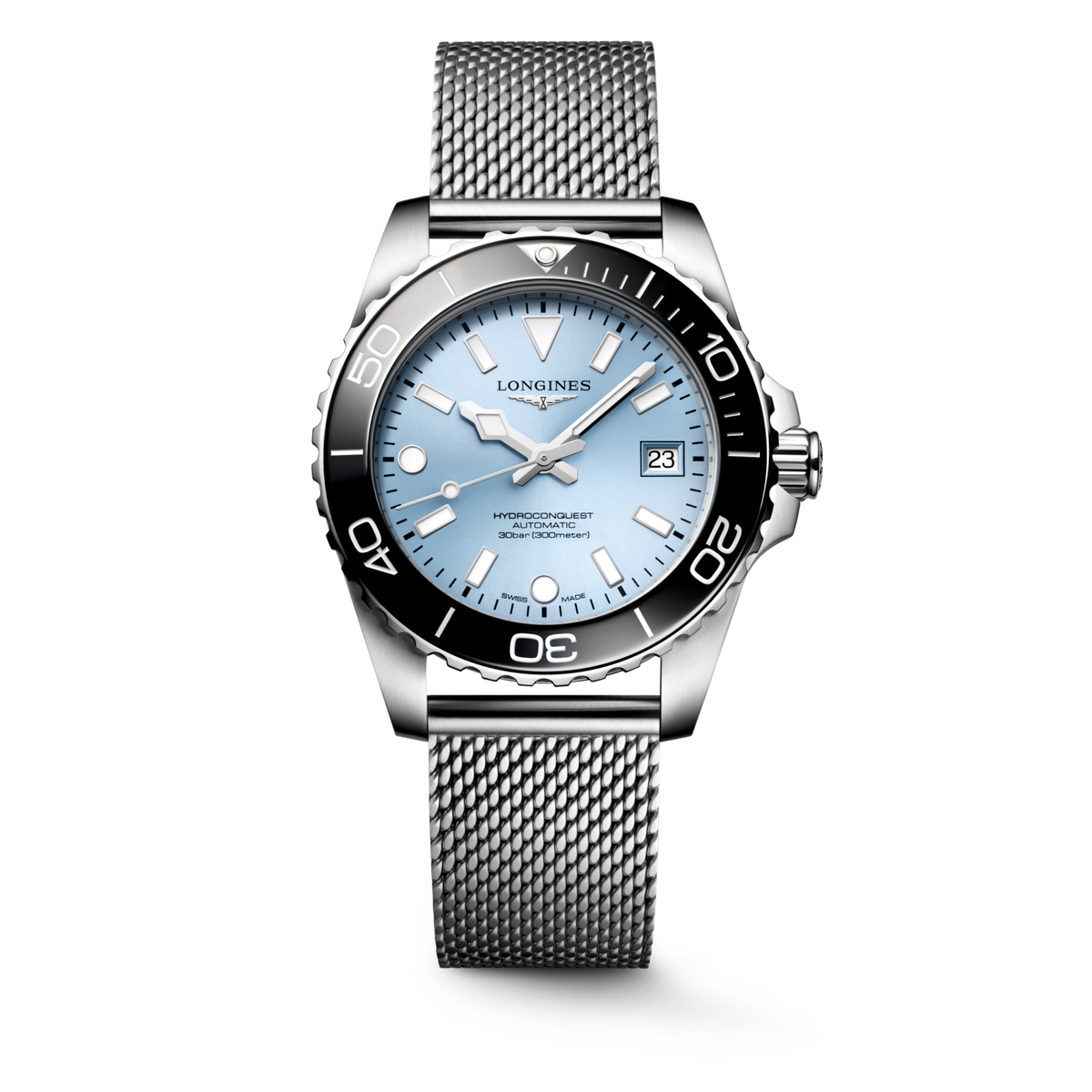 Hydroconquest 39.00 mm Frosted Blue sunray Stainless steel and ceramic bezel L37794996 L3.779.4.99.6 front view