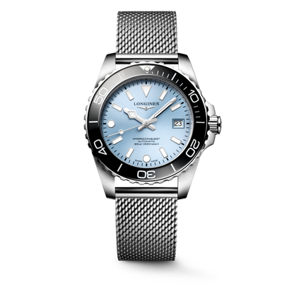 Hydroconquest 39.00 mm Frosted Blue sunray Stainless steel and ceramic bezel L37794996 L3.779.4.99.6 front view