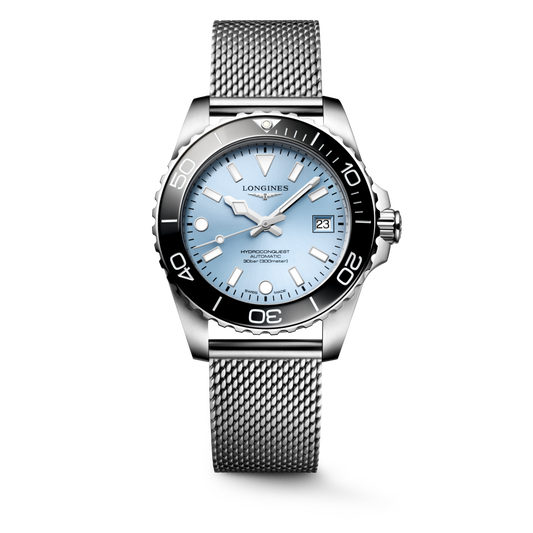 Hydroconquest 39.00 mm Frosted Blue sunray Stainless steel and ceramic bezel L37794996 L3.779.4.99.6 front view