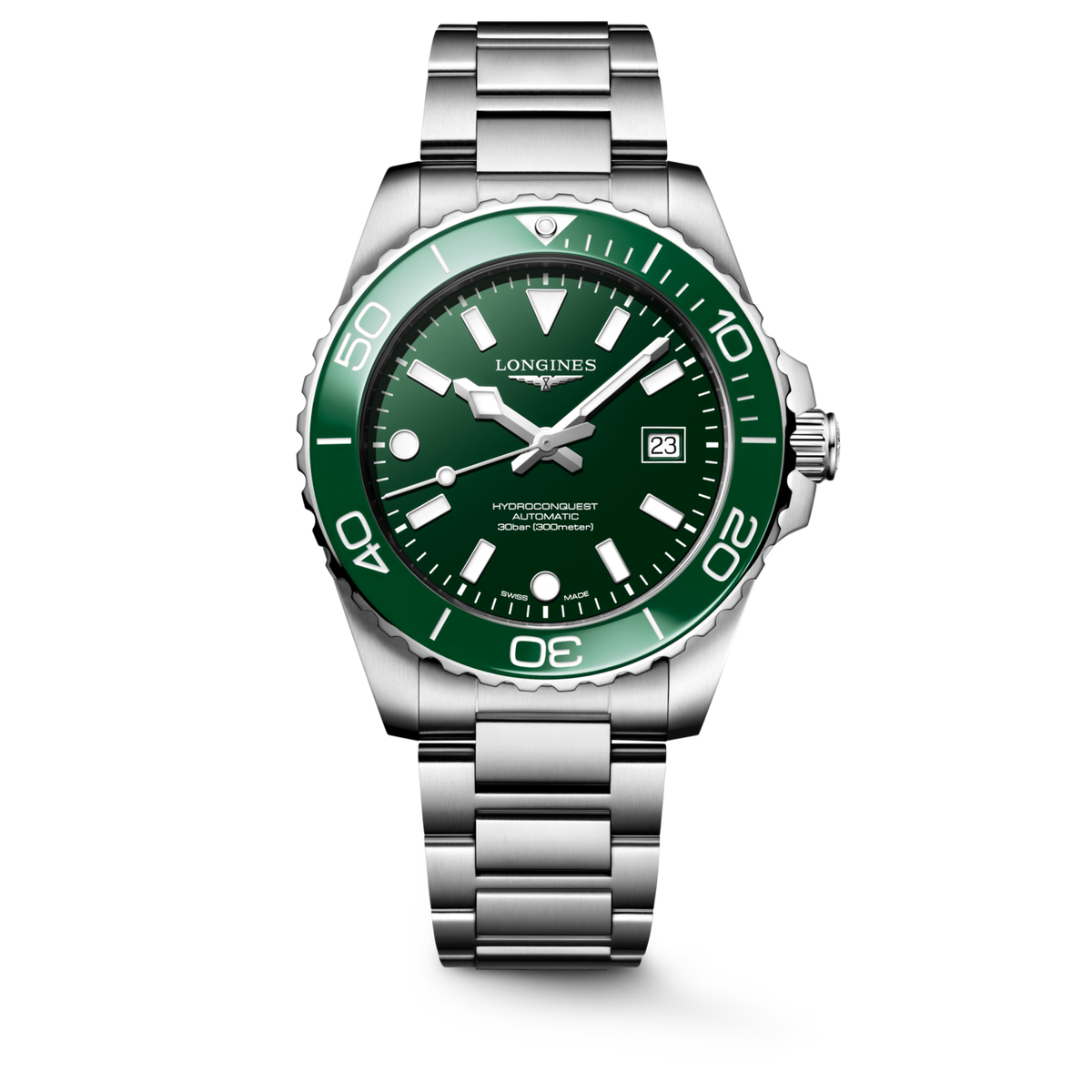 Hydroconquest 42.00 mm Green lacquered polished Stainless steel and ceramic bezel L37884066 L3.788.4.06.6 front view