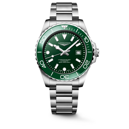 Hydroconquest 42.00 mm Green lacquered polished Stainless steel and ceramic bezel L37884066 L3.788.4.06.6 front view