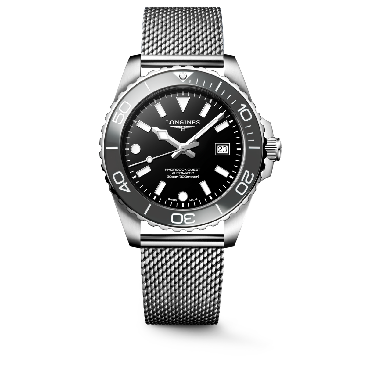 Hydroconquest 42.00 mm Black lacquered polished Stainless steel and ceramic bezel L37884706 L3.788.4.70.6 front view