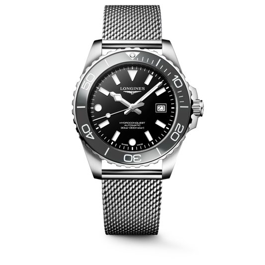 Hydroconquest 42.00 mm Black lacquered polished Stainless steel and ceramic bezel L37884706 L3.788.4.70.6 front view