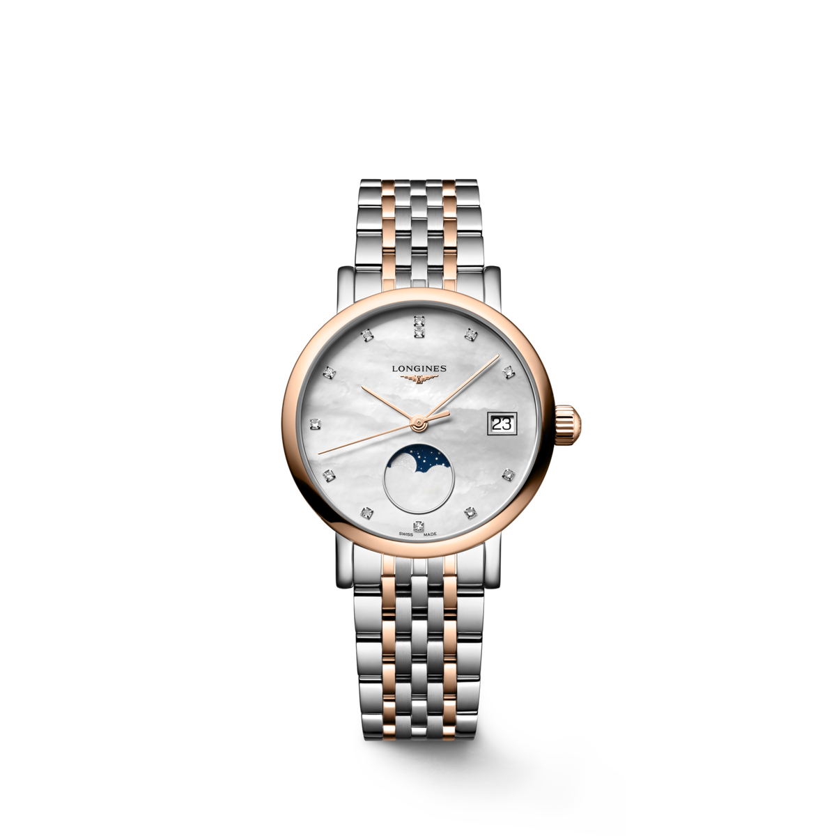 Longines Elegant Collection Moonphase 30.00 mm White mother-of-pearl Stainless steel and rose gold 18 carats cap 200 L43305877 L4.330.5.87.7 front view