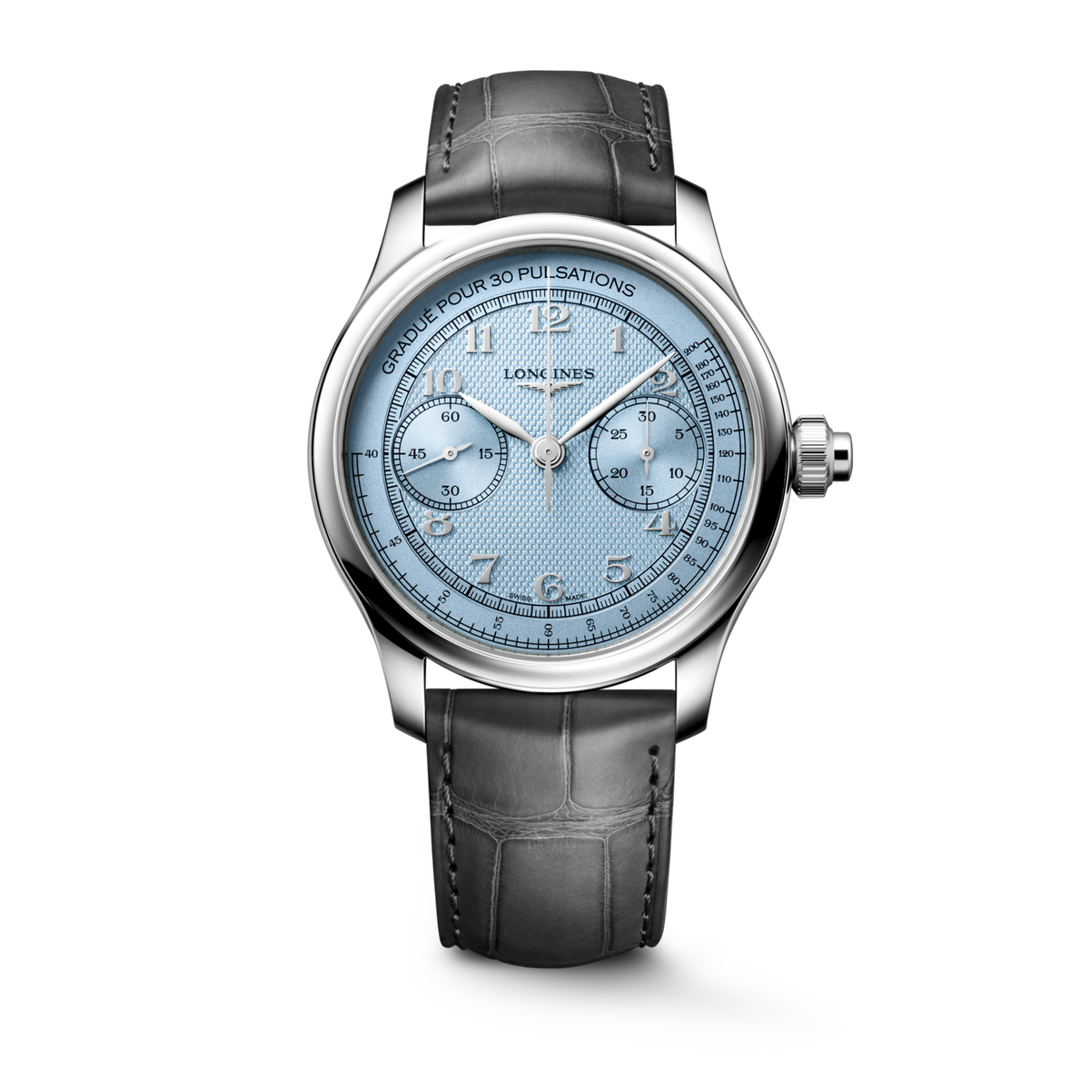 Longines Master Collection Chrono Monopusher Frosted blue "barleycorn" dial. Stainless steel 41.00 mm L29604932 L2.960.4.93.2 front view
