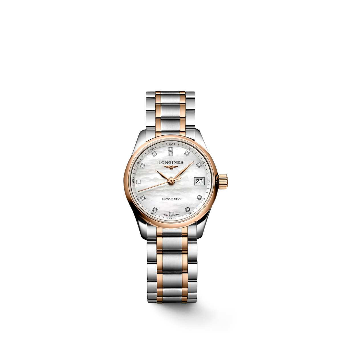 Longines Master Collection White mother-of-pearl dial. Stainless steel and rose gold 18 carats 25.50 mm L21285897 L2.128.5.89.7 front view