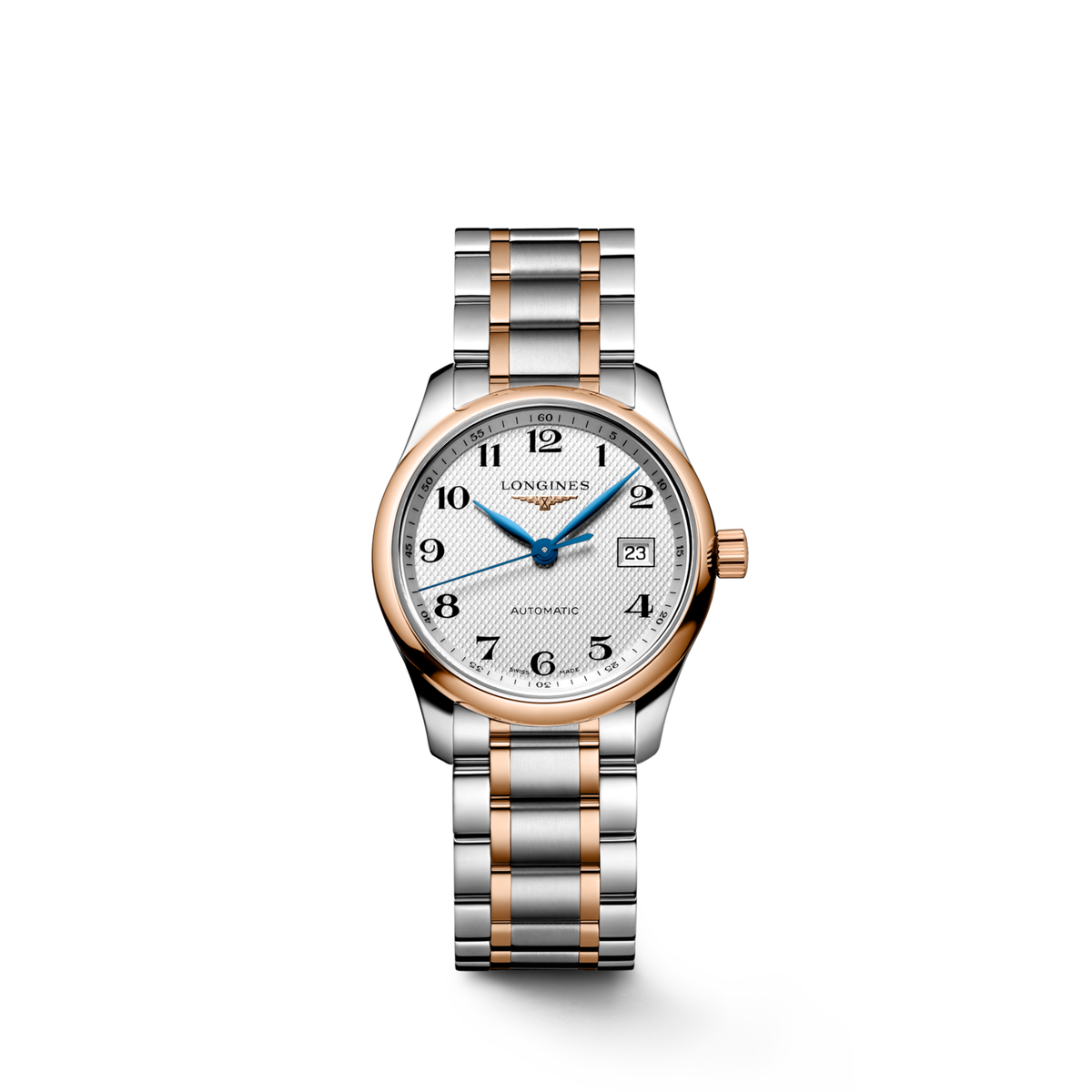 Longines Master Collection Silver "barleycorn" dial. Stainless steel and rose gold 18 carats cap 200 29.00 mm L22575797 L2.257.5.79.7 front view