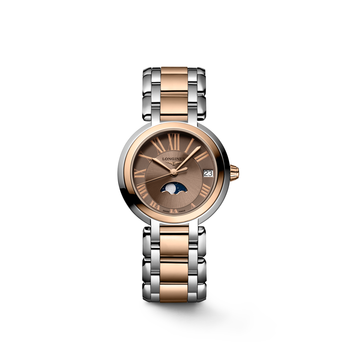 Longines Primaluna Moonphase 30.50 mm Taupe Stainless steel and rose gold 18 carats cap 200 L81155617 L8.115.5.61.7 front view