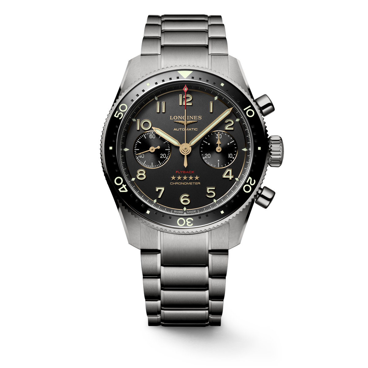 Longines Spirit Flyback Titanium 42.00 mm Anthracite Titanium and ceramic bezel L38211536 L3.821.1.53.6 front view