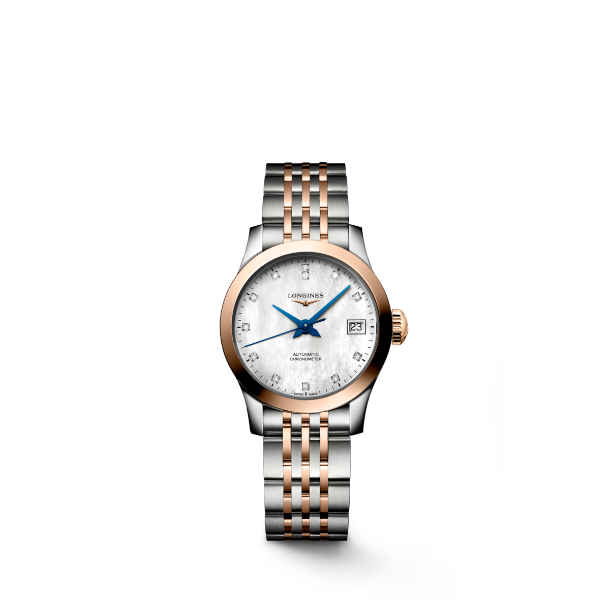 Record 26.00 mm White mother-of-pearl Stainless steel and rose gold 18 carats cap 200 L23205877 L2.320.5.87.7 front view
