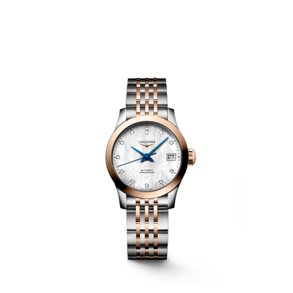 Record 26.00 mm White mother-of-pearl Stainless steel and rose gold 18 carats cap 200 L23205877 L2.320.5.87.7 front view