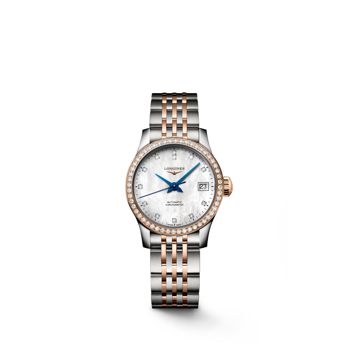 Record 26.00 mm White mother-of-pearl Stainless steel and rose gold 18 carats L23205897 L2.320.5.89.7 front view