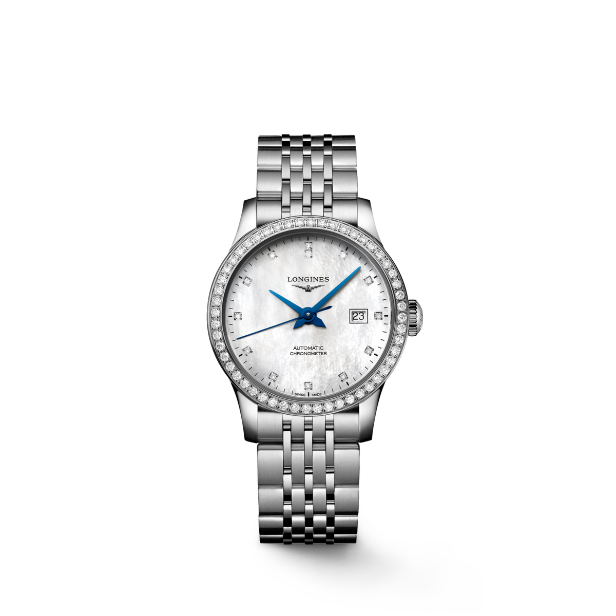 Record 30.00 mm White mother-of-pearl Stainless steel L23210876 L2.321.0.87.6 front view