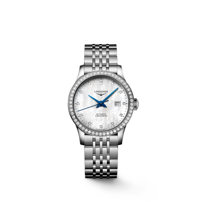 Record 30.00 mm White mother-of-pearl Stainless steel L23210876 L2.321.0.87.6 front view