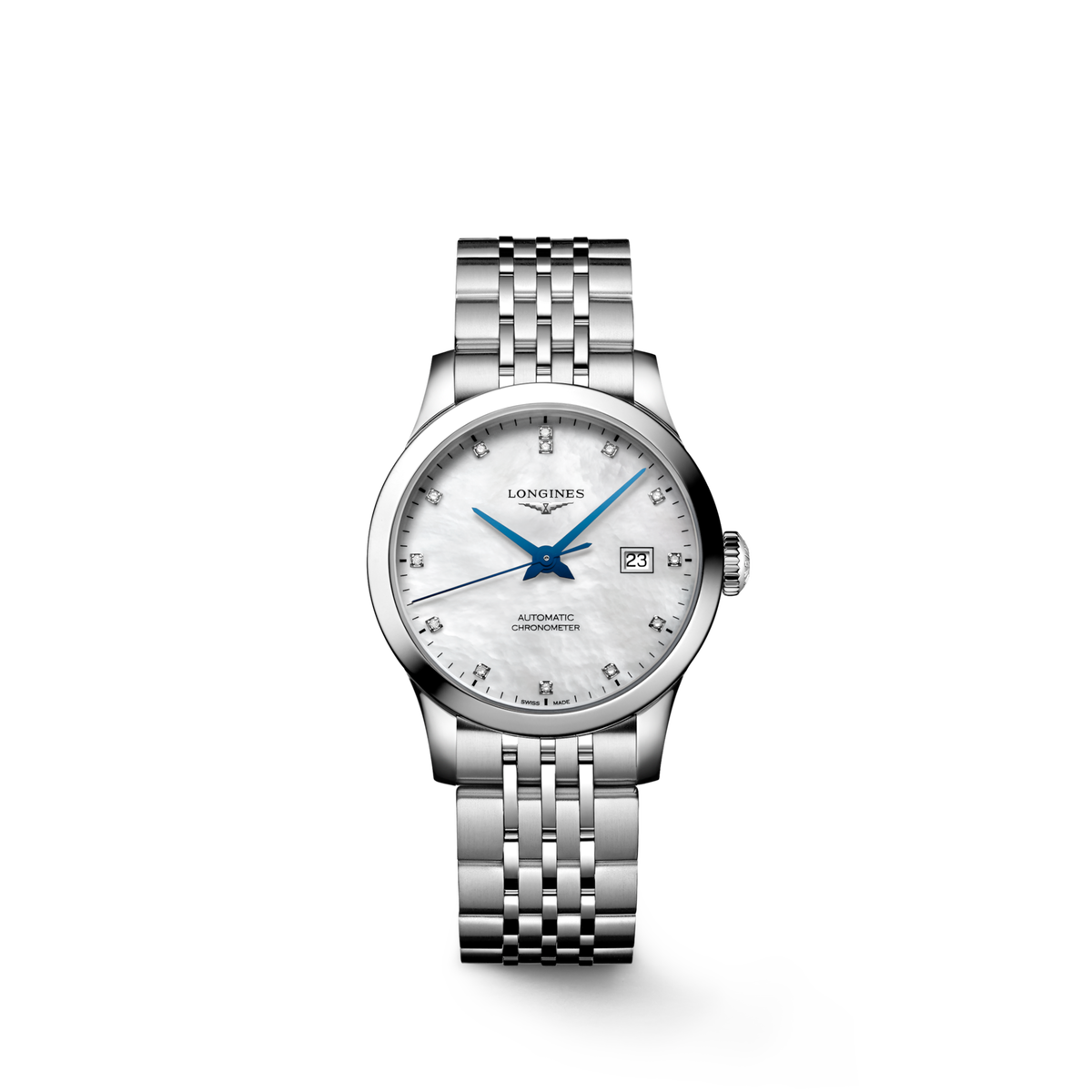 Record 30.00 mm White mother-of-pearl Stainless steel L23214876 L2.321.4.87.6 front view